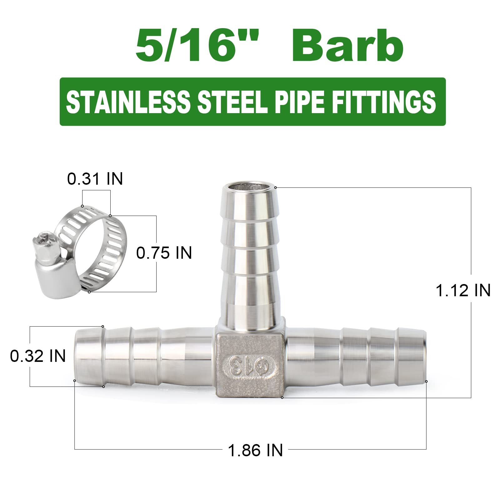 2PCS 304 Stainless Steel 5/16″ x 5/16″ x 5/16″ Hose Barb Fittings，3 Way Tee