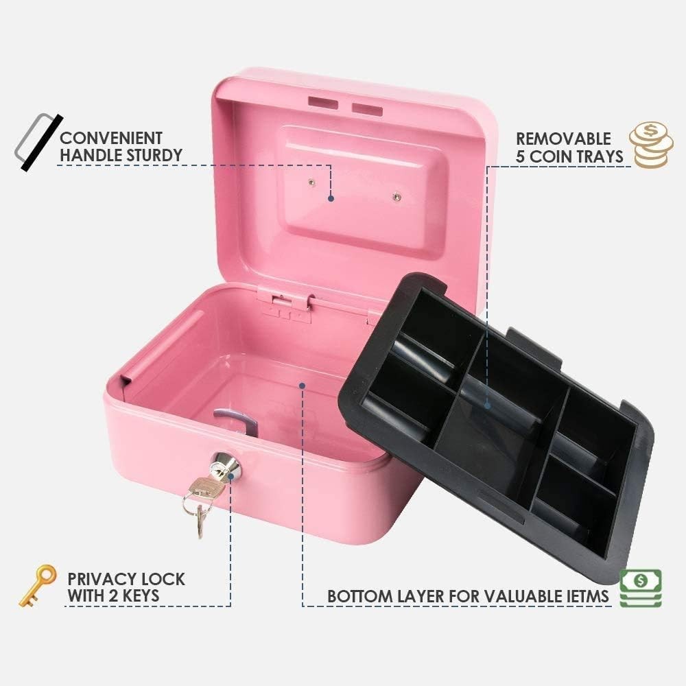Locking Steel Medium Cash Box with Removable Coin Tray and Key Lock,7.87″x 6….