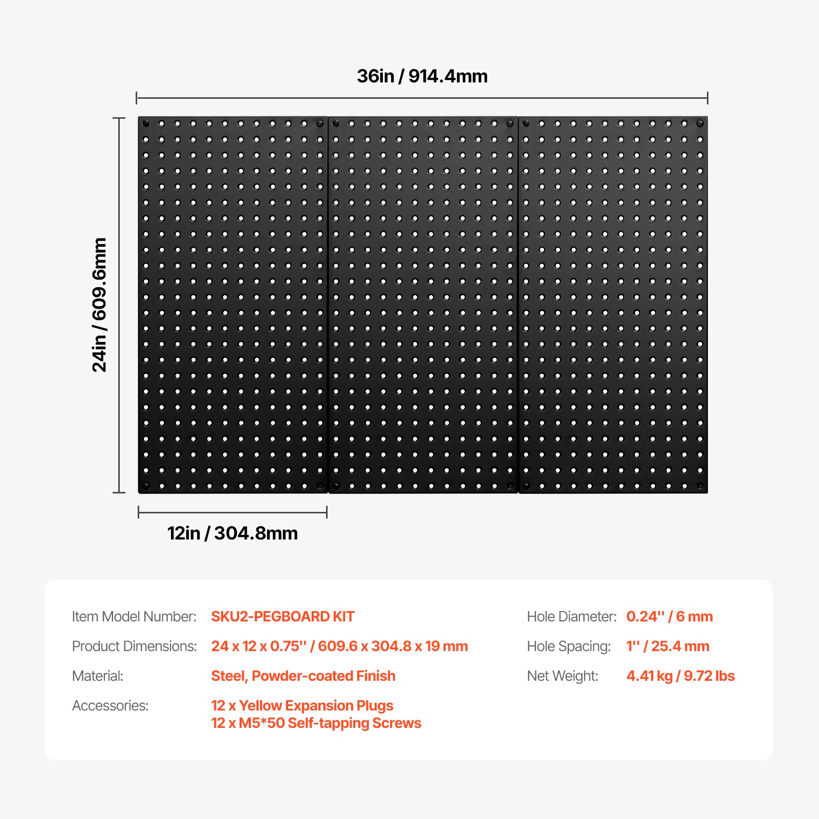 VEVOR Metal Pegboard Panels 3 Pcs 24″ x 12″ Wall Organizer for Garage Tool