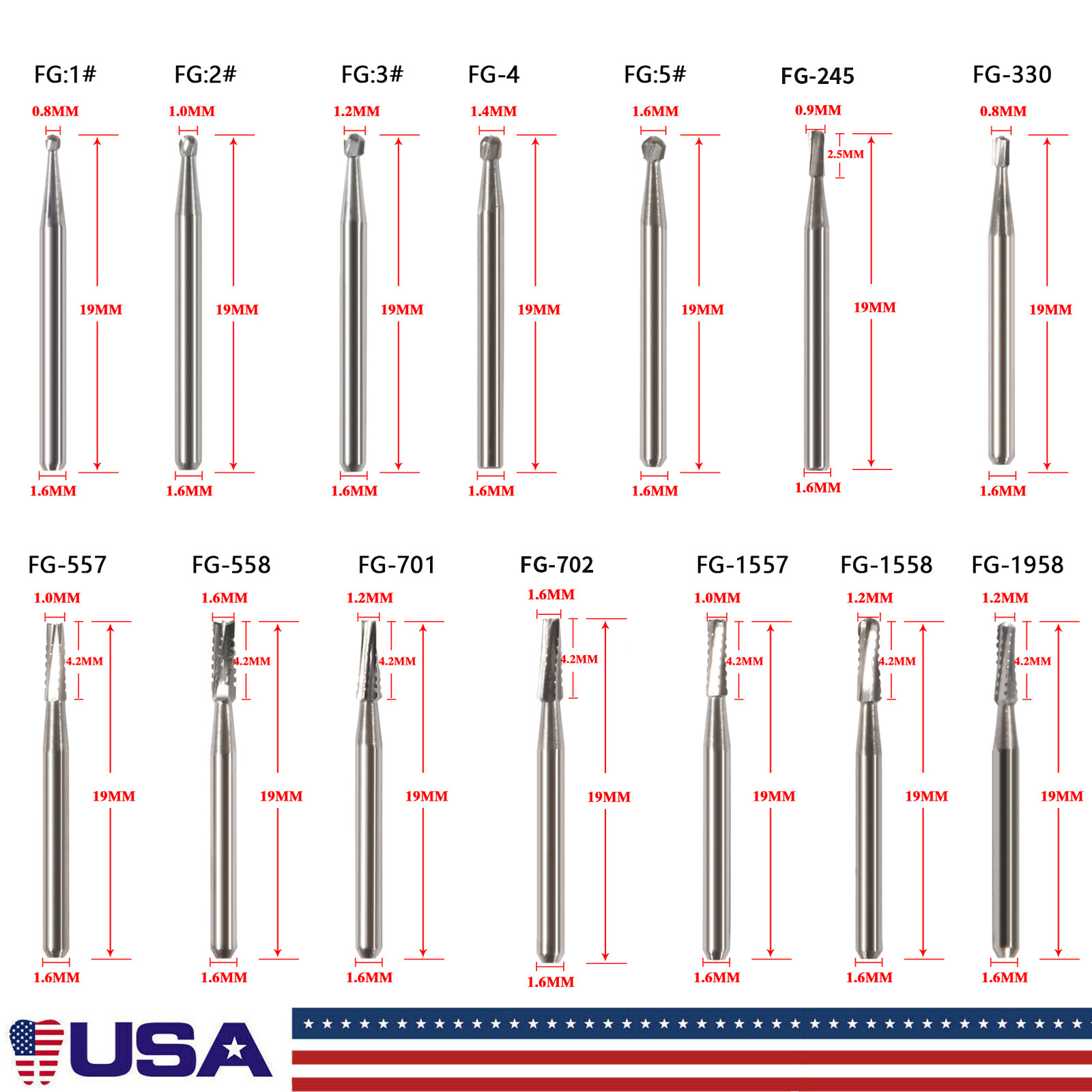 10-100PCS Dental Tungsten Carbide Inverted Cone FG Bur FOR High Speed Handpiece