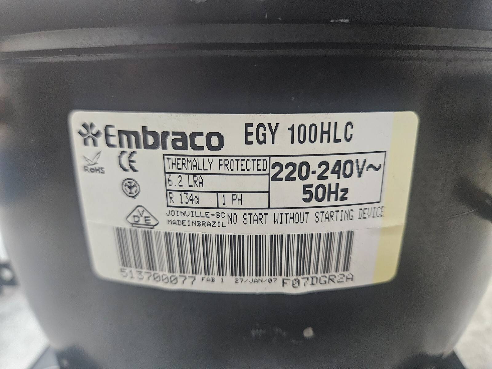 EMBRACO EGY 100HLC 1/4+HP 220-240V 1PH 50HZ R-ONE THIRTY FOUR A REF. LESS PARTS