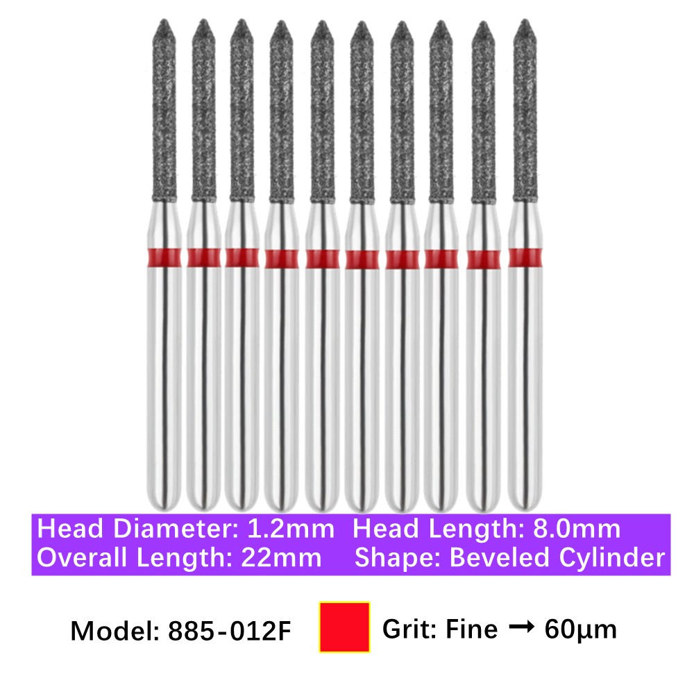 Vakker 10pc Dental 885-012F Fine Diamond Burs Friction Grip Beveled Cylinder Bur