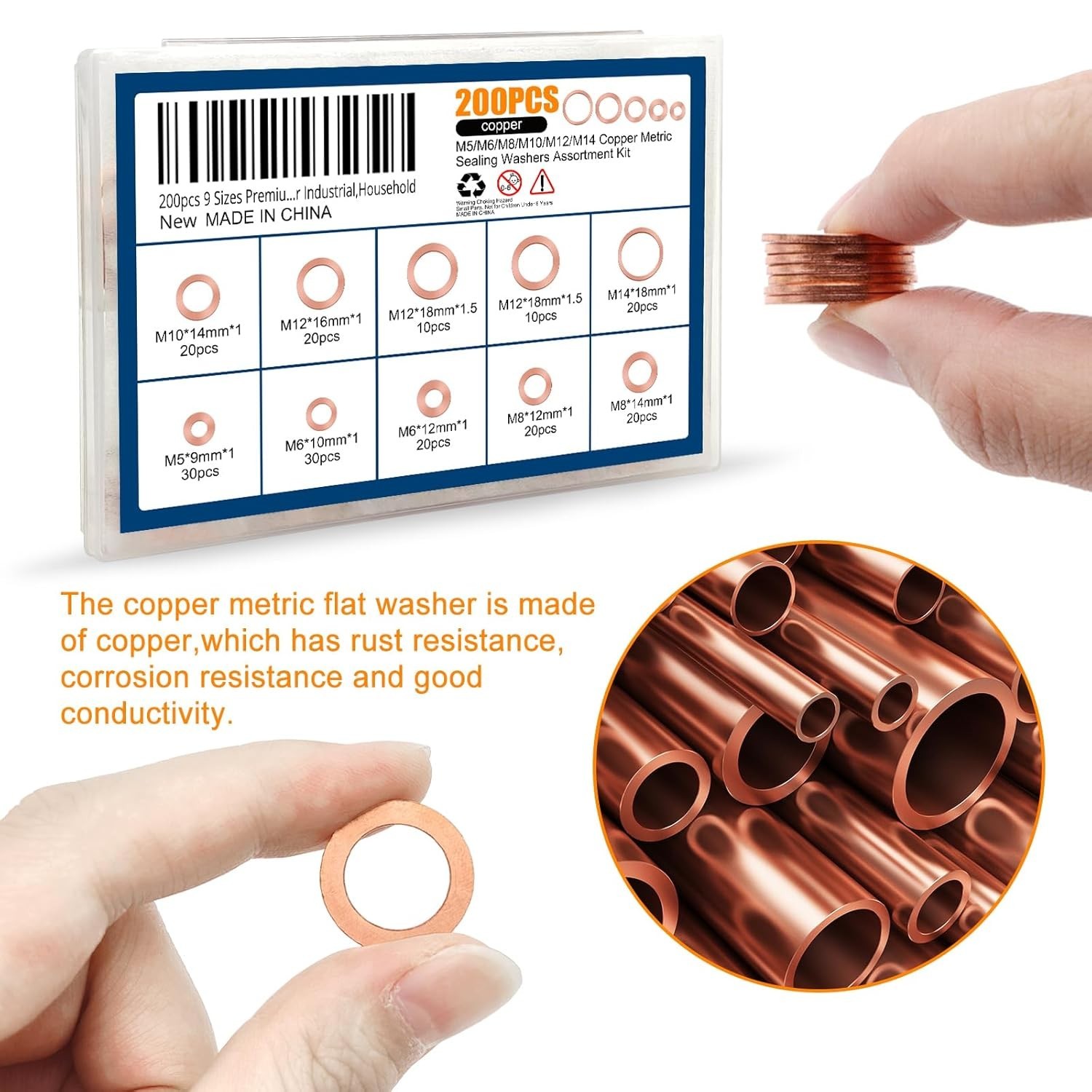 200pcs 9 Sizes Copper Metric Sealing Crush Washers Assortment Kit,Flat Seali…