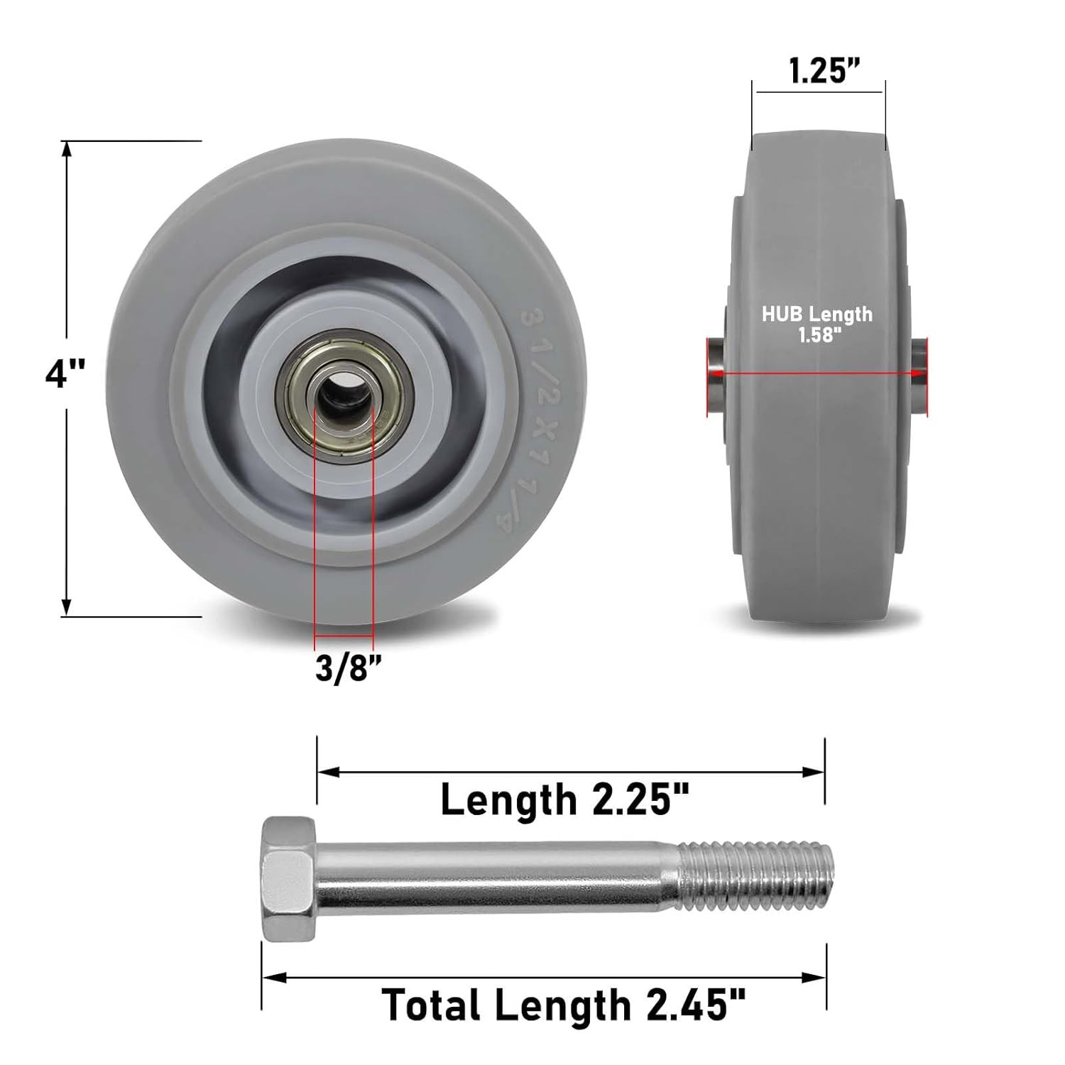 4 Inch Thermoplastic Rubber Caster Wheels (Set of 4) – Heavy Duty, Precision Bea