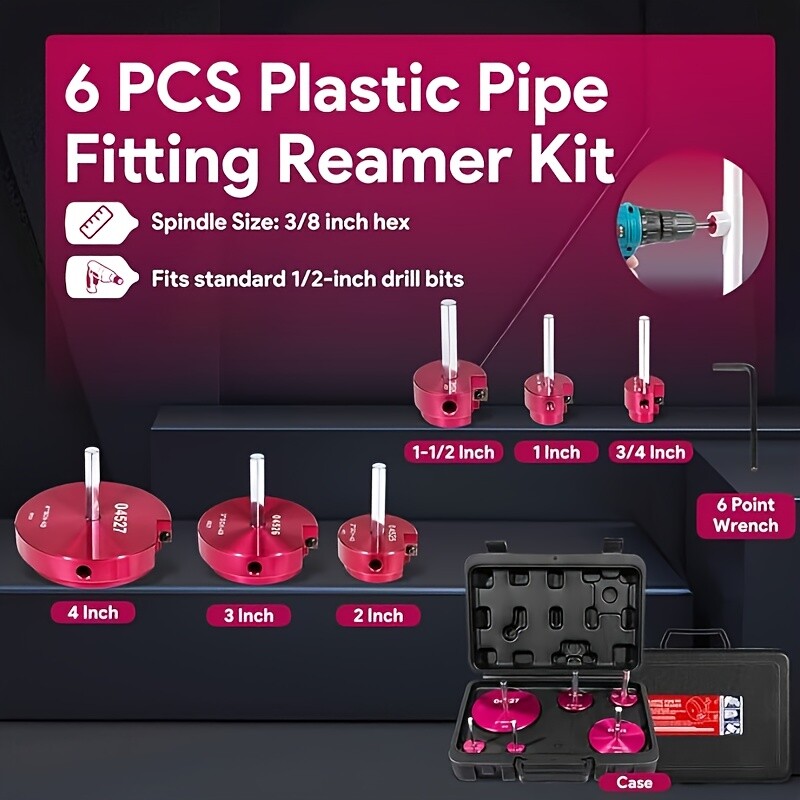 PVC ABS Pipe Reamer Kit 6Pcs -0.75″,1″,1-1/2″,2″,3″,and 4″ Set for 1/2″ Drills
