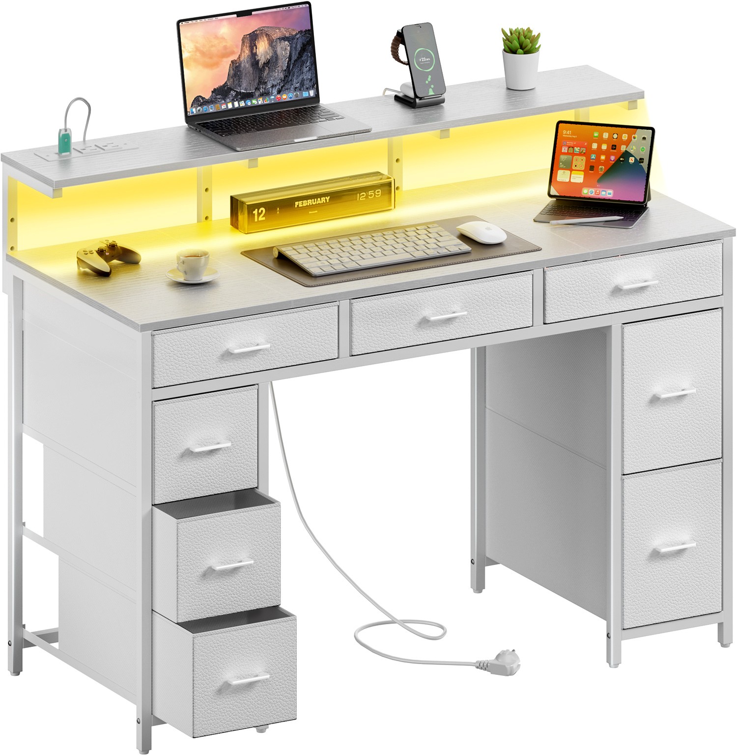 47 inch Computer Desk with 8 Drawers & Power Outlets, Home Office Desk with LED