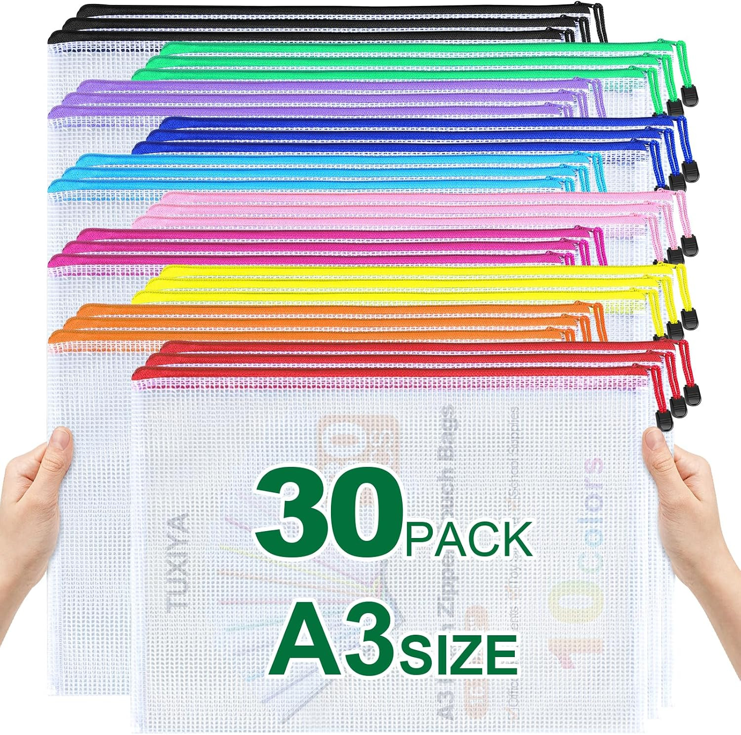30Pcs Mesh Zipper Pouch Bags,A3 17X12 Inches,10 Colors Extra Large Zipper Bags f
