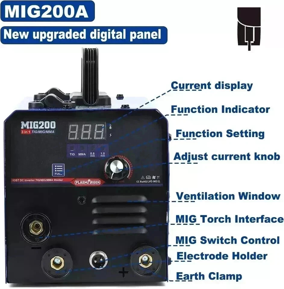 MIG200 3-IN-1 110V/220V Welder Machine 200A MIG/TIG/MMA Gasless IGBT LED Display