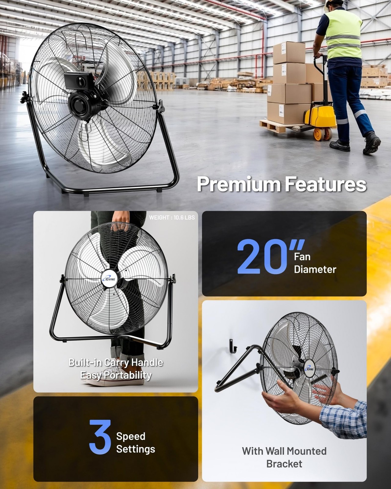iLIVING 20 Inch Heavy Duty Floor & Wall Mount Fan – 5750 CFM High Velocity, 1…