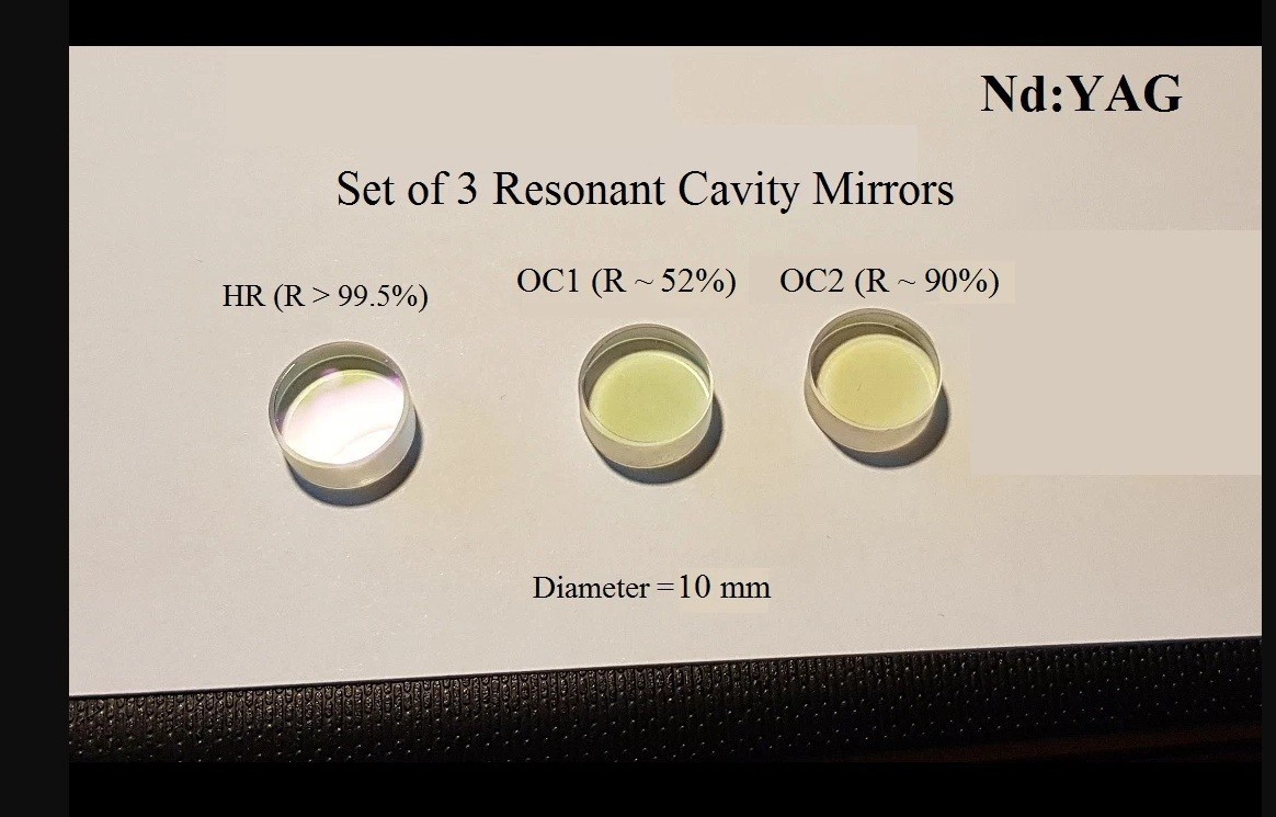 Set of 3 Nd:YAG Resonant Cavity Mirrors: HR + R52% + R90%. D=10mm