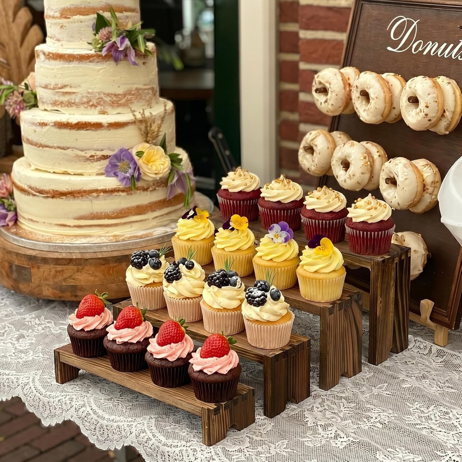 2 Set Wood Risers Tiered Display Stands Wooden Cupcake Stand Large Perfume Organ