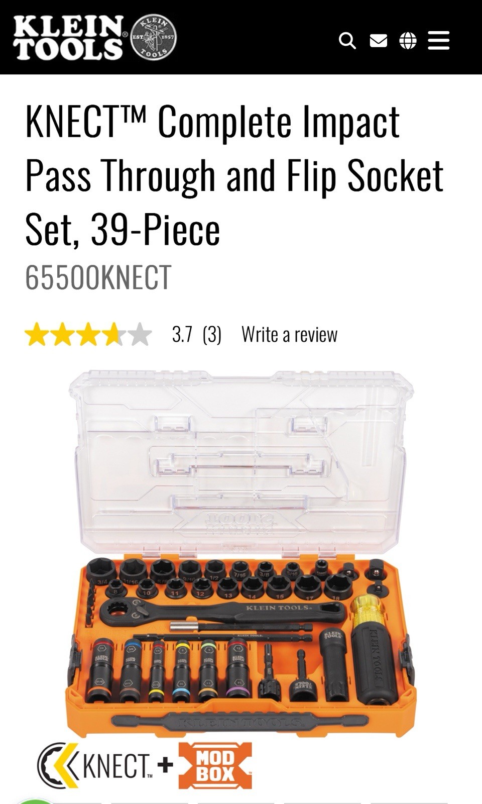 Klein Tools 65500KNECT Complete Impact Pass-Through Flip Socket Set 39-Piece NEW