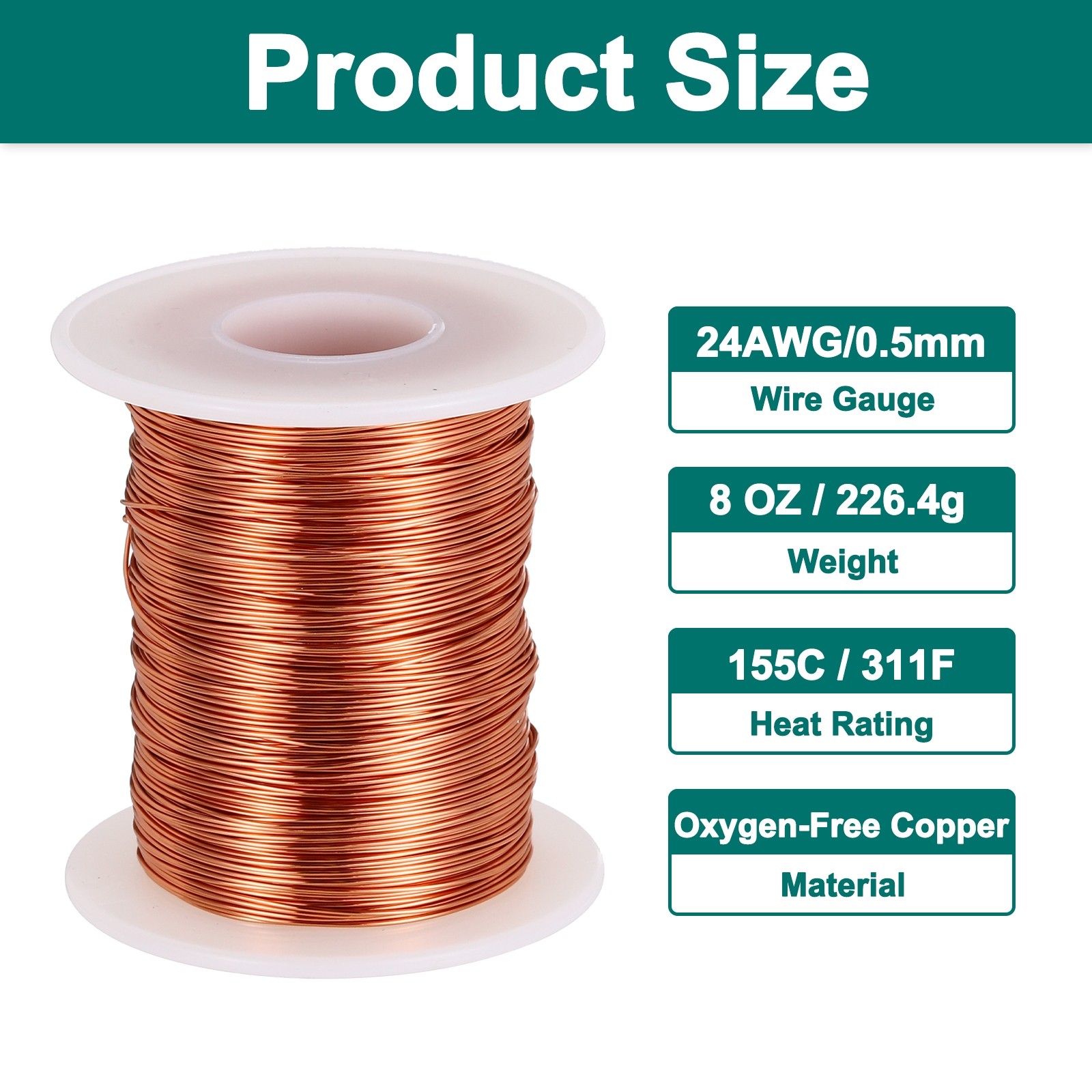 24 AWG Magnet Wire, 8 OZ/226.4g Enameled Copper Wire, 155C(311F)