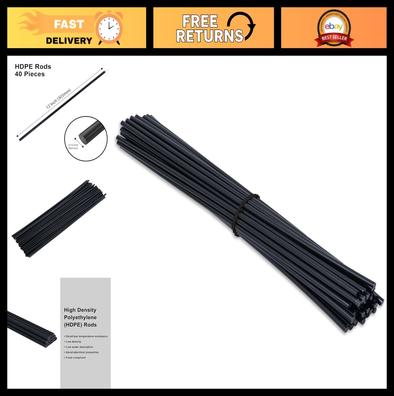 High Density Polyethylene Welding Rods, 3/16″ Diameter, 12″ Length, 40 ft, Black