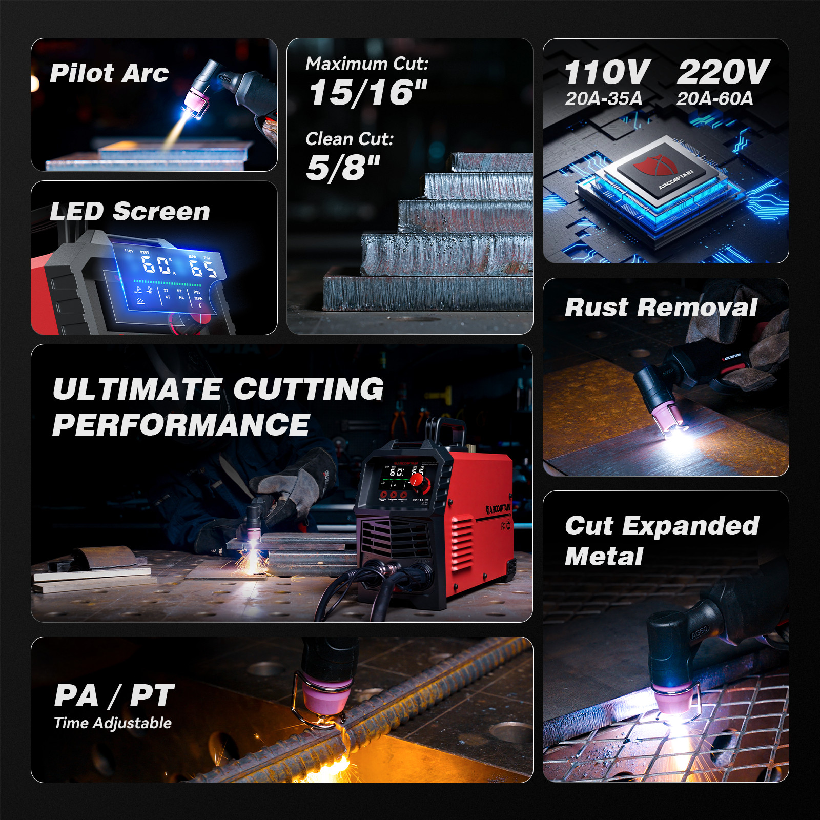 ARCCAPTAIN 60A Plasma Cutter Non-Touch Pilot Arc HF Large LED Display 110V/220V