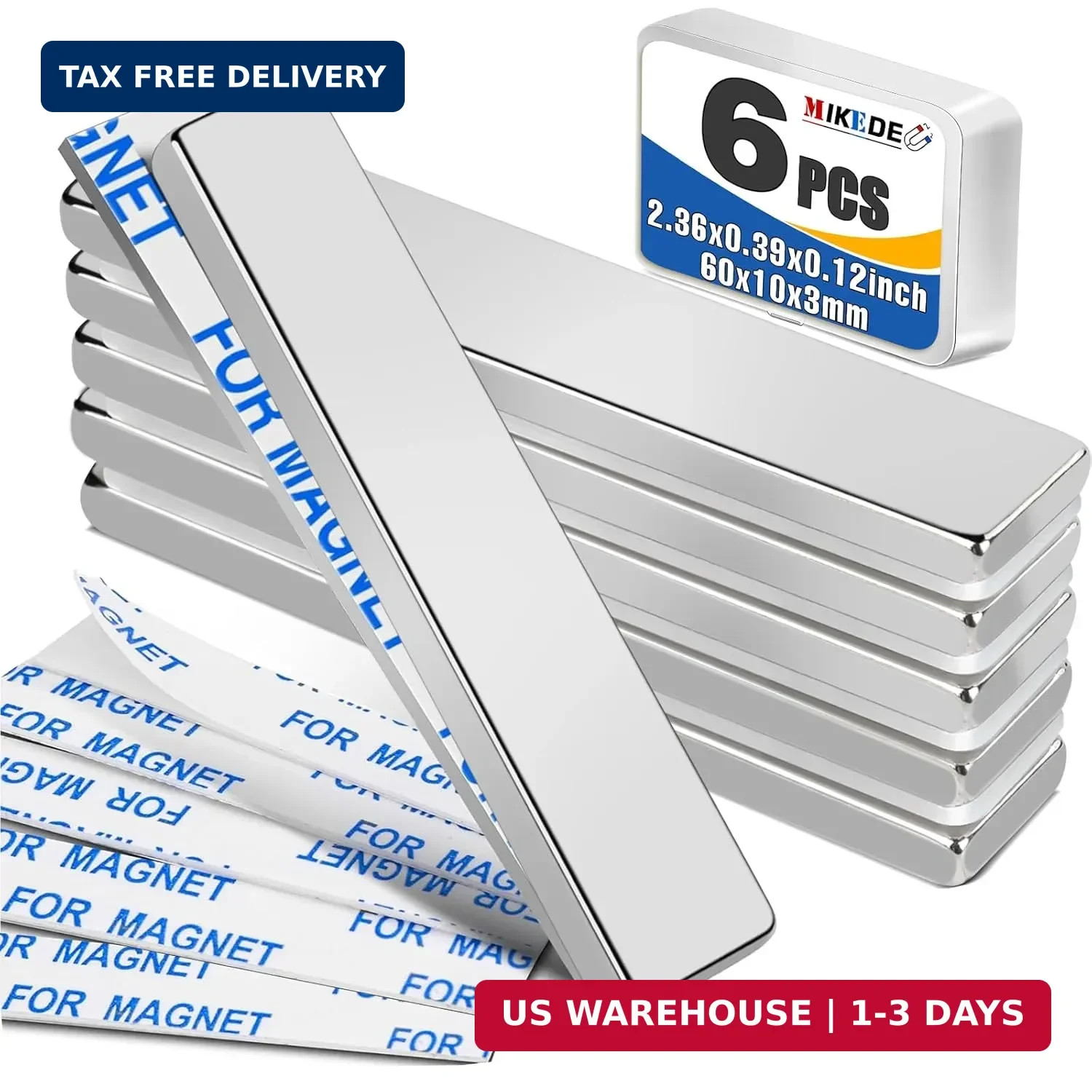 6-Pack Neodymium Magnets 2.36×0.39 inch – Extra Strong Adhesive & Rust-Resistant