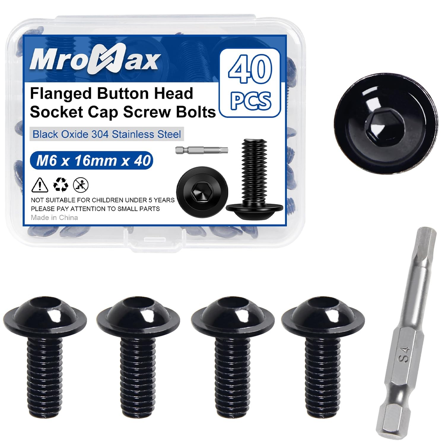 M6-1.0X 16mm 40Pcs Flanged Button Head Socket Cap Screws Bolts, 304 Stainless
