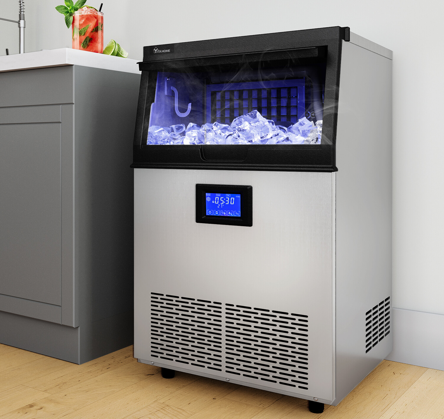 TAUS 100LBS/24H Commercial Ice Maker Stainless Freestanding Ice Cube Machine