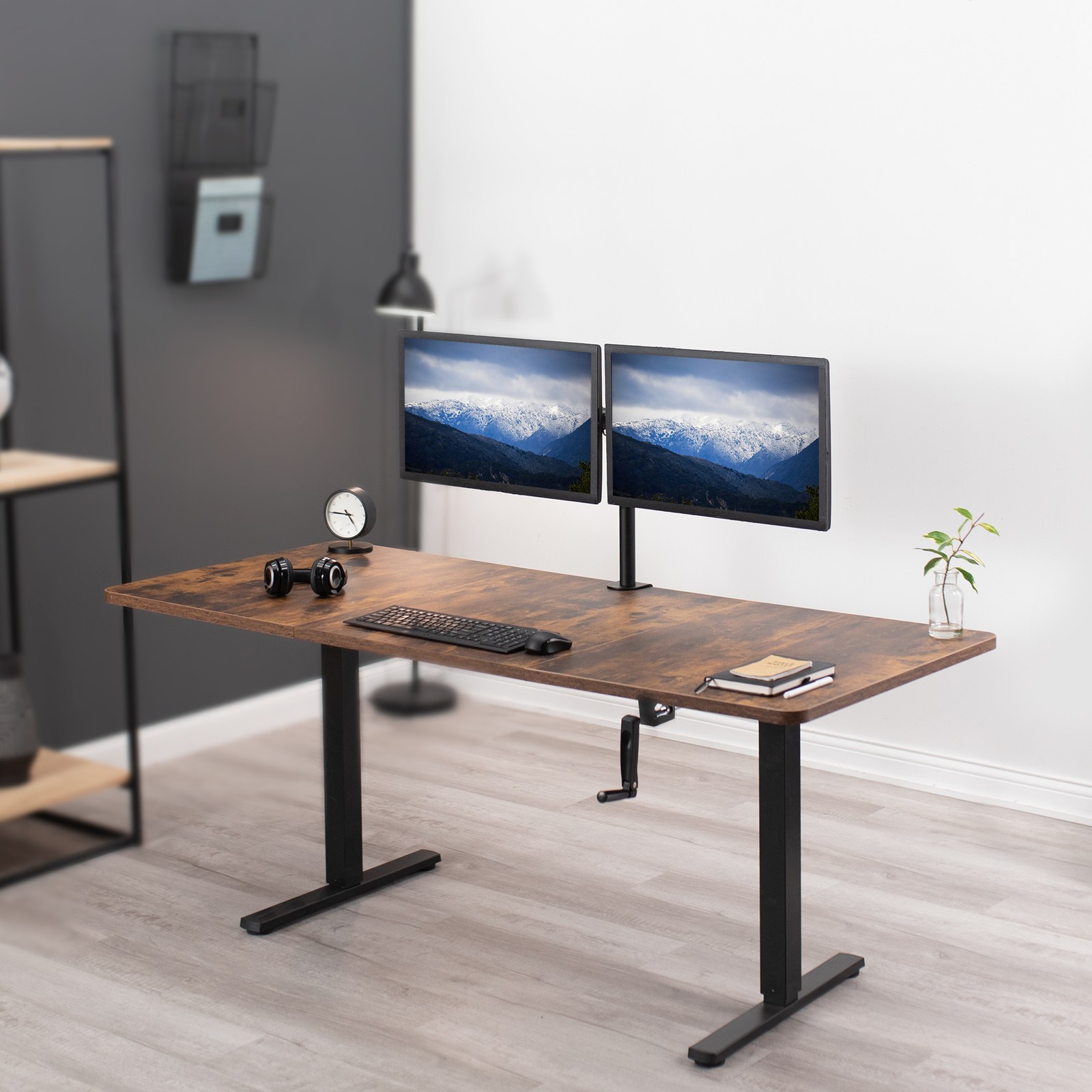 VIVO Manual 71” x 30” Stand Up Desk, Rustic Vintage Brown Table Top, Black Frame