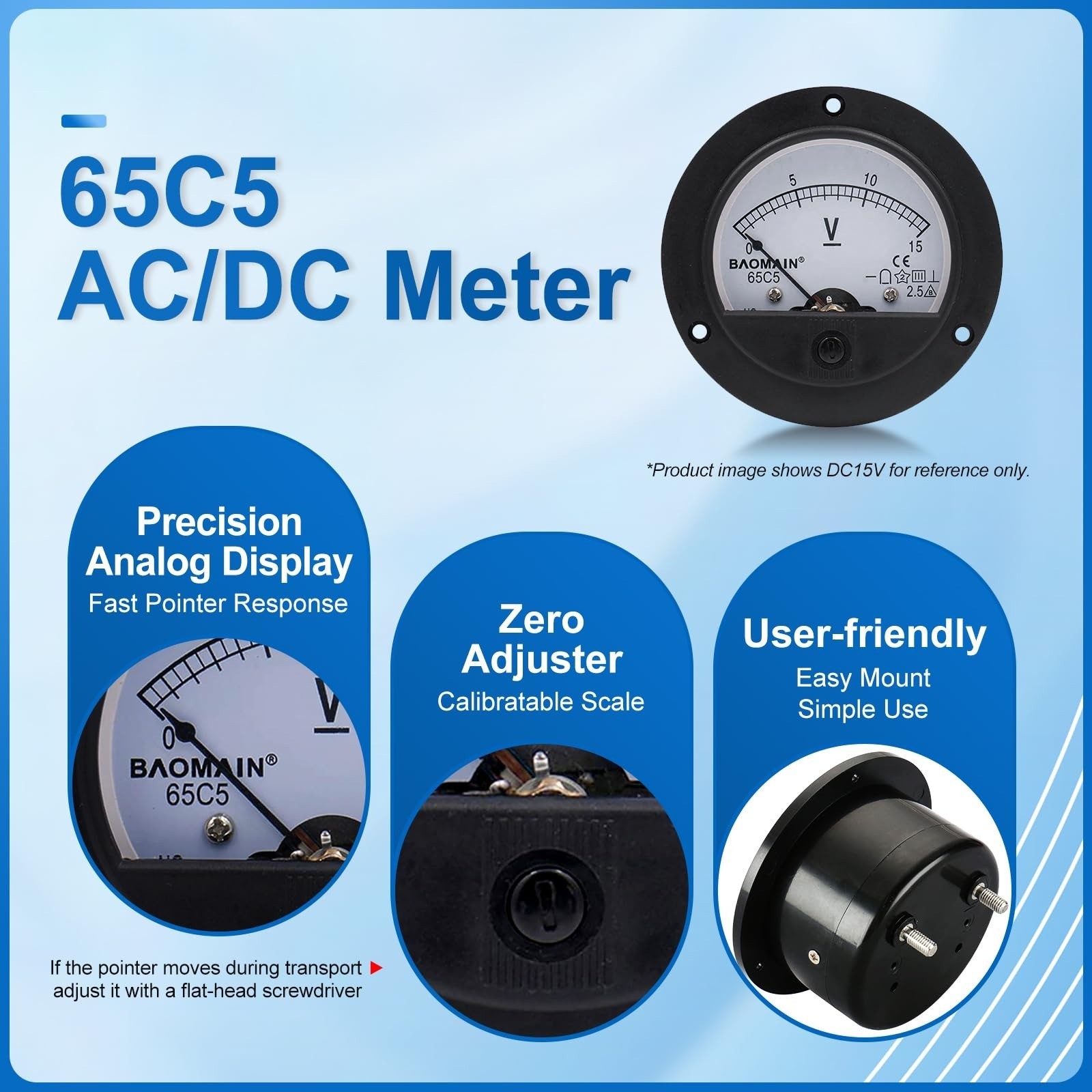 Baomain DC 30V Round Voltmeter Analog Panel Meter 65C5
