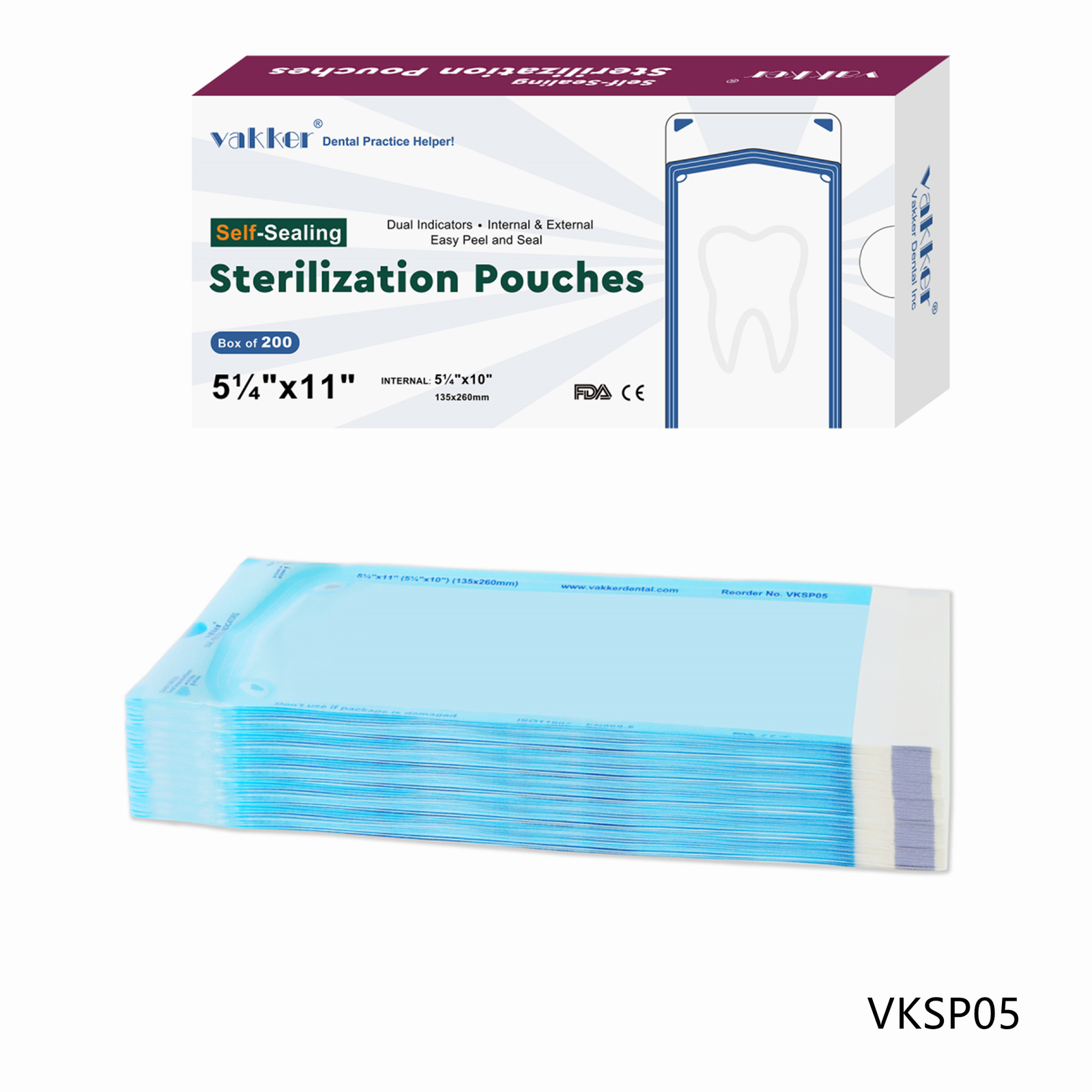 Vakker 200pcs 5.25″ x 11″ Self Sealing Sterilization Pouches Autoclave Bag
