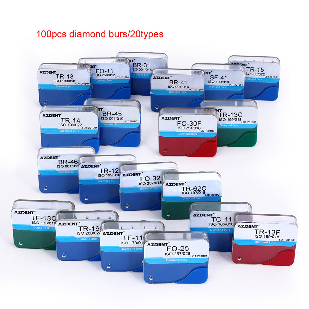 100 pcs Dental Diamond Burs Medium FG 1.6MM For High Speed Handpiece 20 Types
