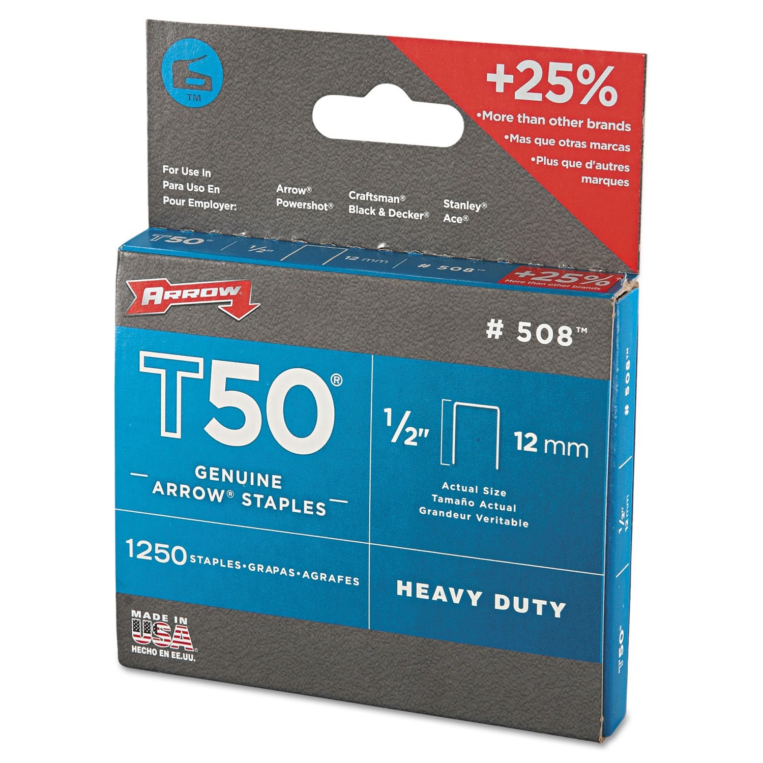 Arrow T50 1/2 Inch Staples for Nail Guns 1250 Pack Heavy Duty Steel Fasteners
