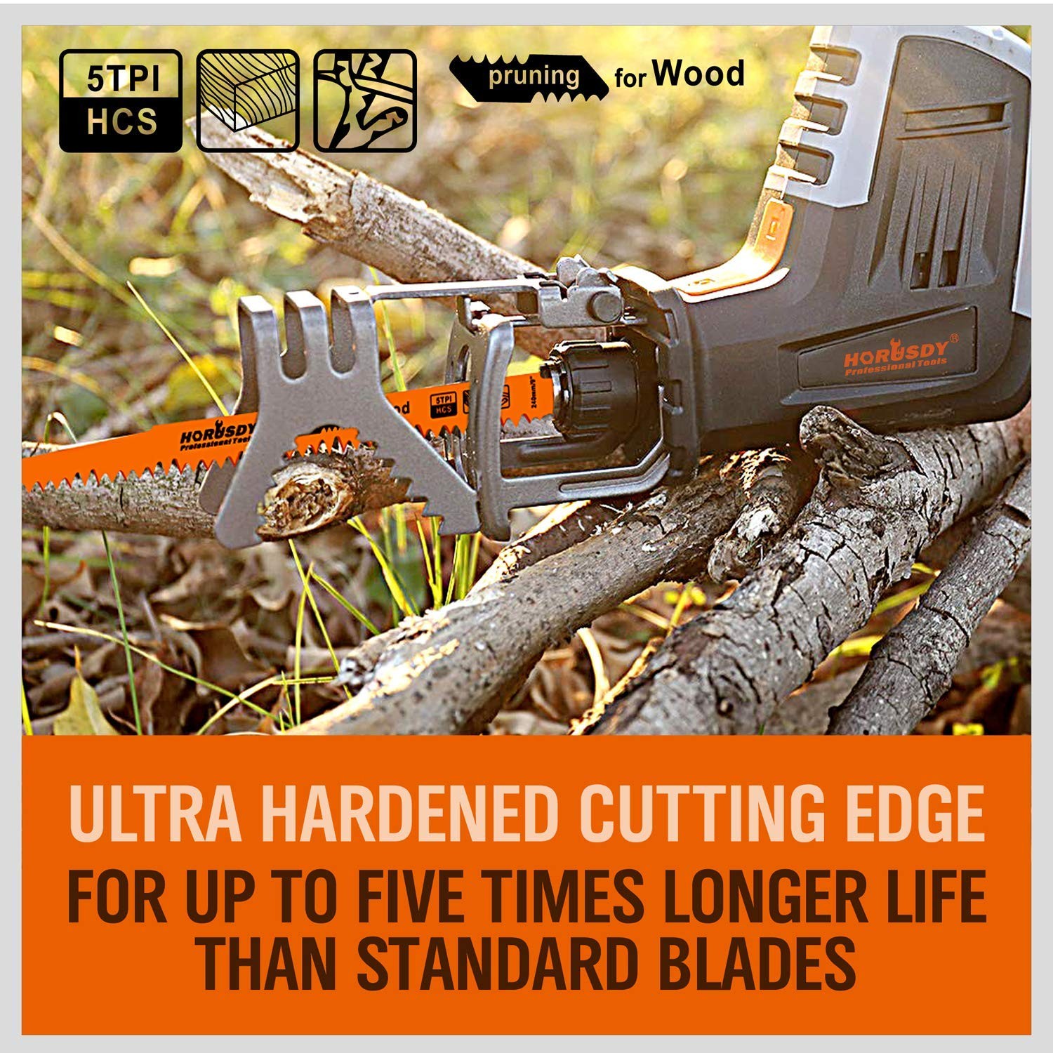 5-Pack 12-Inch Wood Pruning Reciprocating Saw Blades, 5TPI HCS Carbon Orange