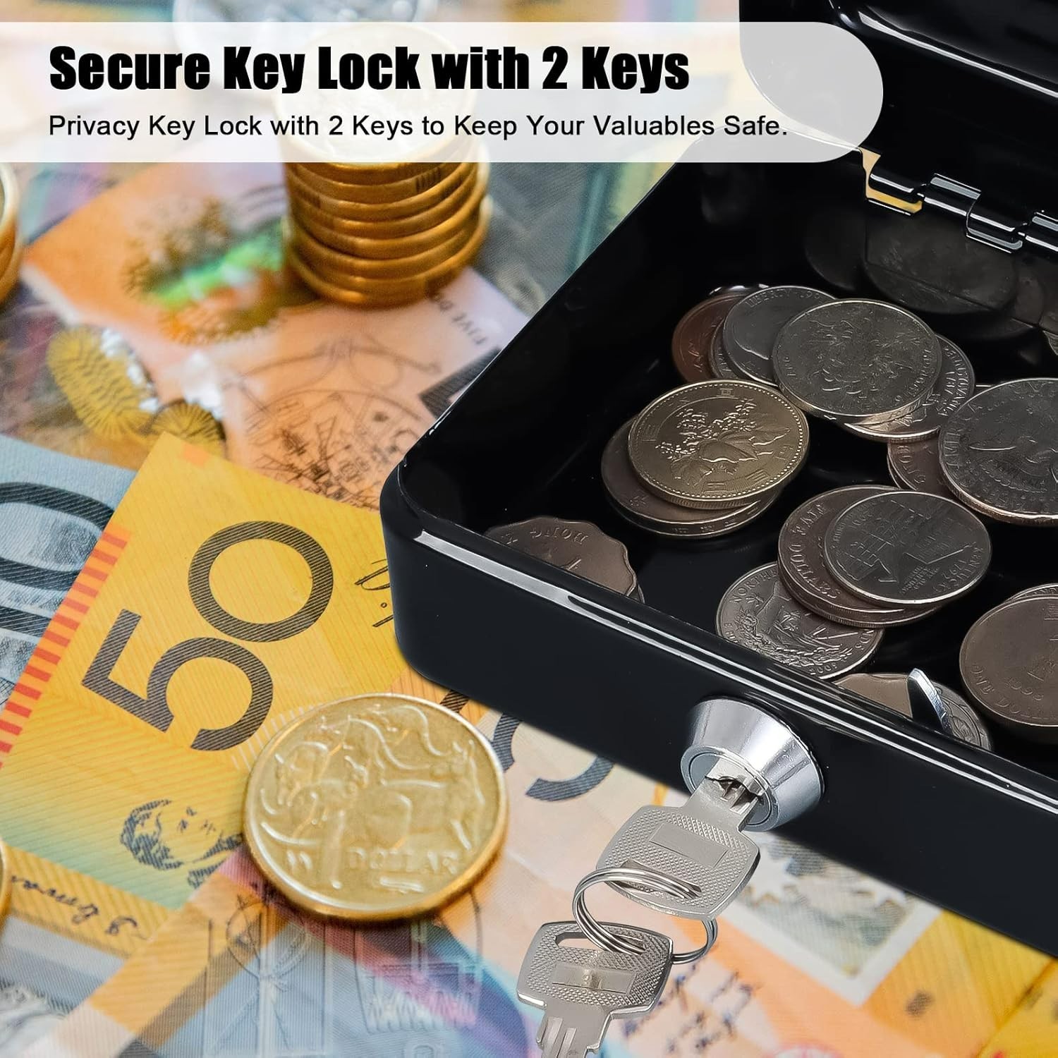 Water-Resistant Cash Lock Box with Key & Handle – Compact 5.91″ x 4.72″ x 3.15″