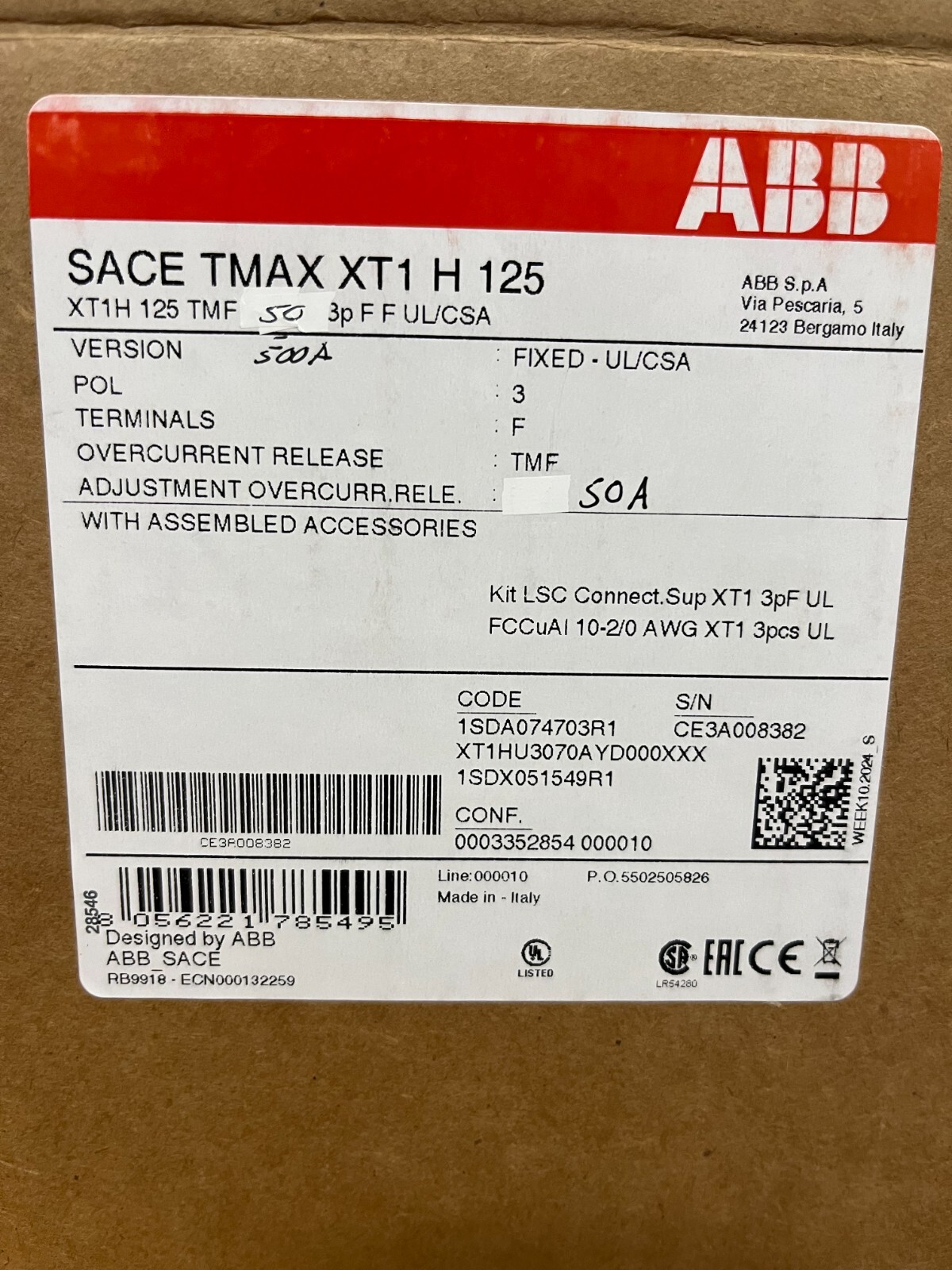 ABB SACE TMax XT1HU3050AYD000XXX 3 Pole 50A 600V Circuit Breaker
