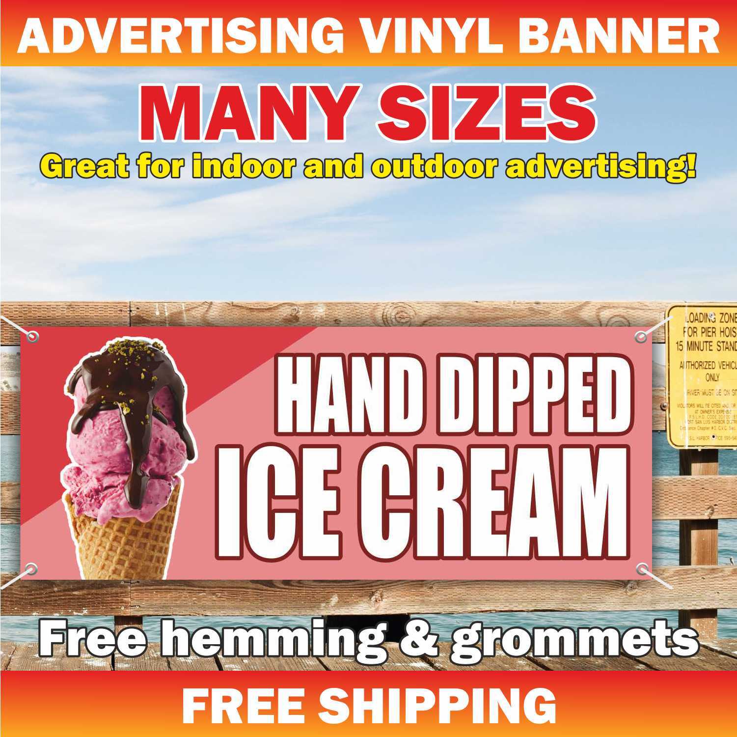 HAND DIPPED ICE CREAM Advertising Banner Vinyl Mesh Sign Slushies Cold Frozen