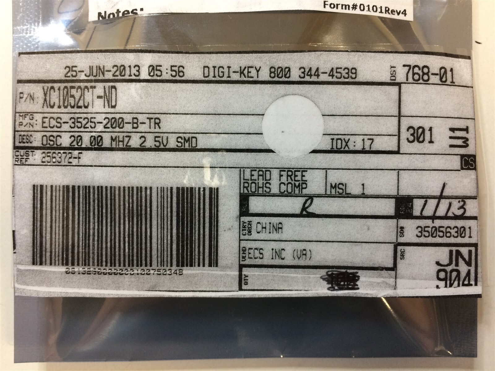 ECS-3525-200-B ECS XTAL OSC XO 20.0000MHZ HCMOS SMD ROHS 6 PIECES