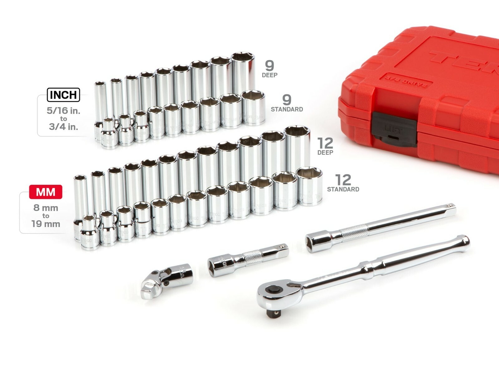 Tekton 47 Pc ⅜” Drive 6 Pt Socket & Ratchet Set (5/16 – ¾, 8 – 19 mm), SKT15301