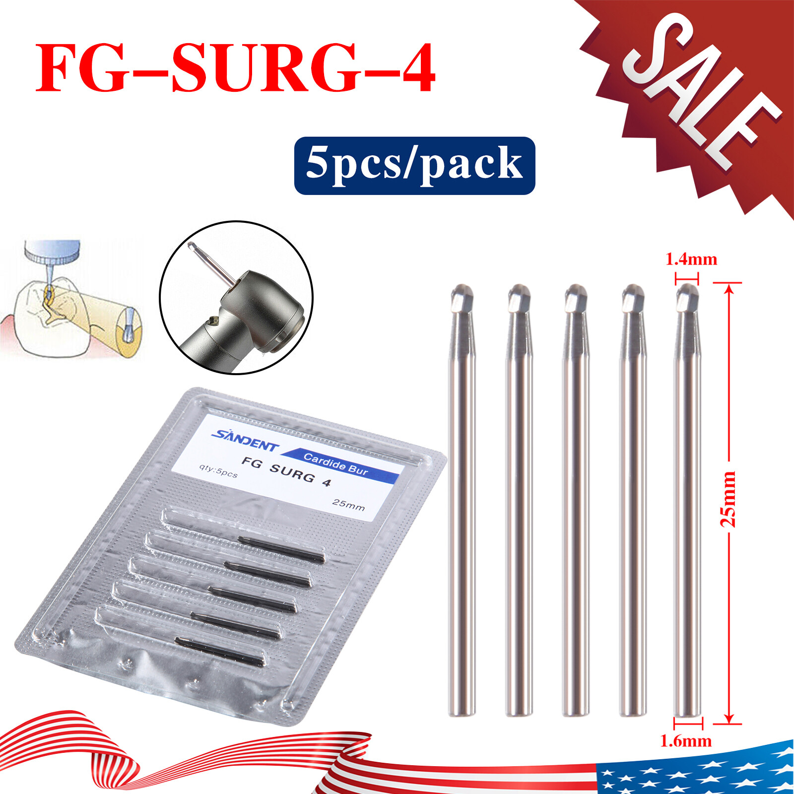 FG #4 SL (Surgical Length Burs) Round Carbide Dental Bur FG4 USA