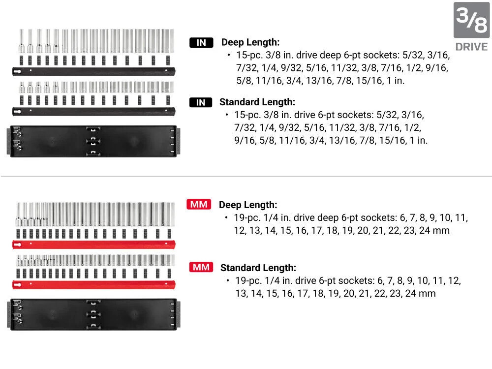 Tekton 1/4, 3/8, 1/2 Inch 12 Point Socket Set, Rails And Trays (214 Pieces)