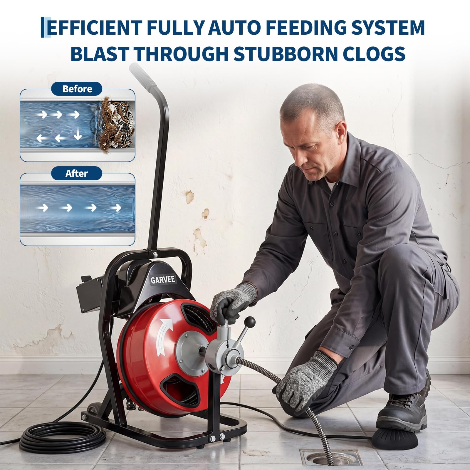 50 FT x 1/2 In Electric Drain Cleaner Machine ,Auto Feed Drain Auger Sewer Snake