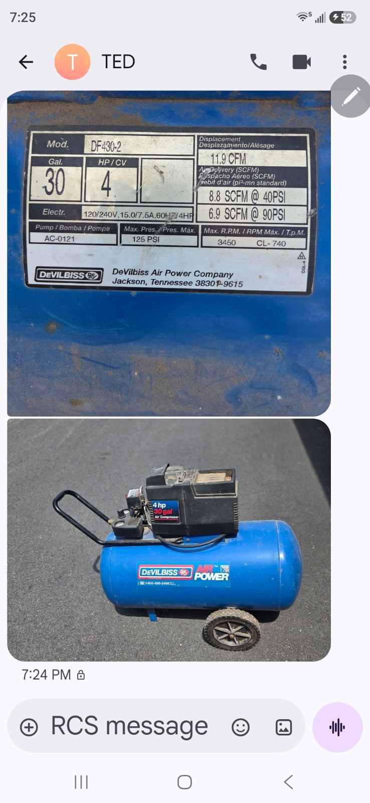4 Hp 30 Gal Electric Portable Air Compressor. DeVILBISS AIR POWER Compressor USA