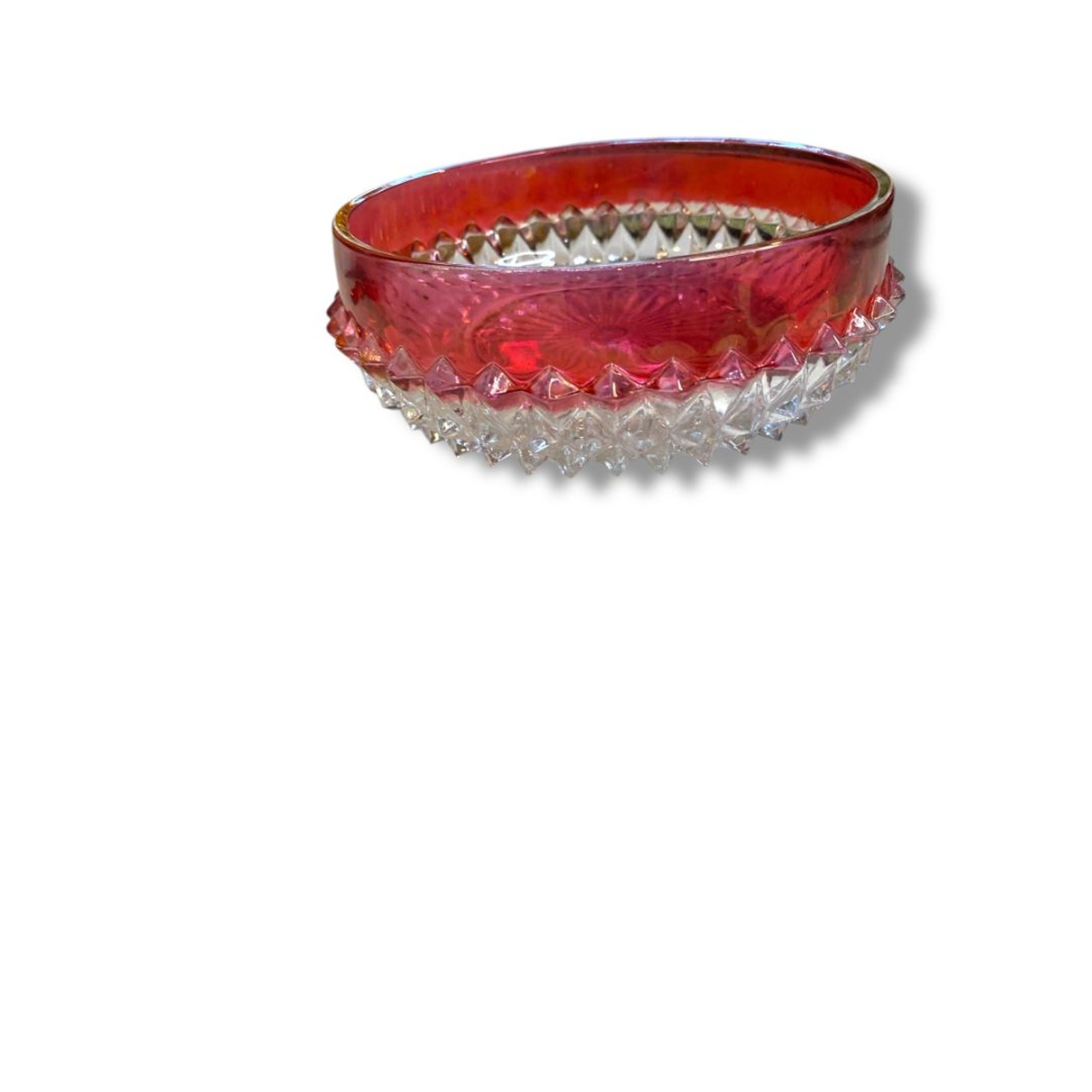 Vintage Indiana Glass Diamond Point Ruby Red Flash Candy Dish Bowl 5″