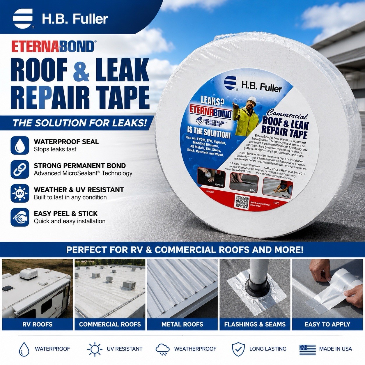 (open box) EternaBond Roof Repair Tape Waterproof RV 4″ x 50” White Seal Tape
