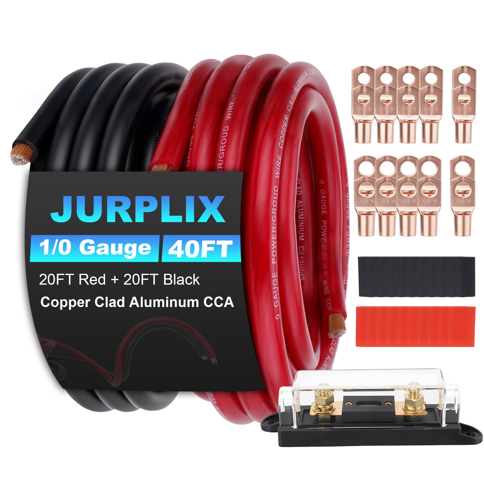 40FT 1/0 AWG Battery Cable 1/0 Gauge Wire Copper Clad Aluminum w/Fuse Holder