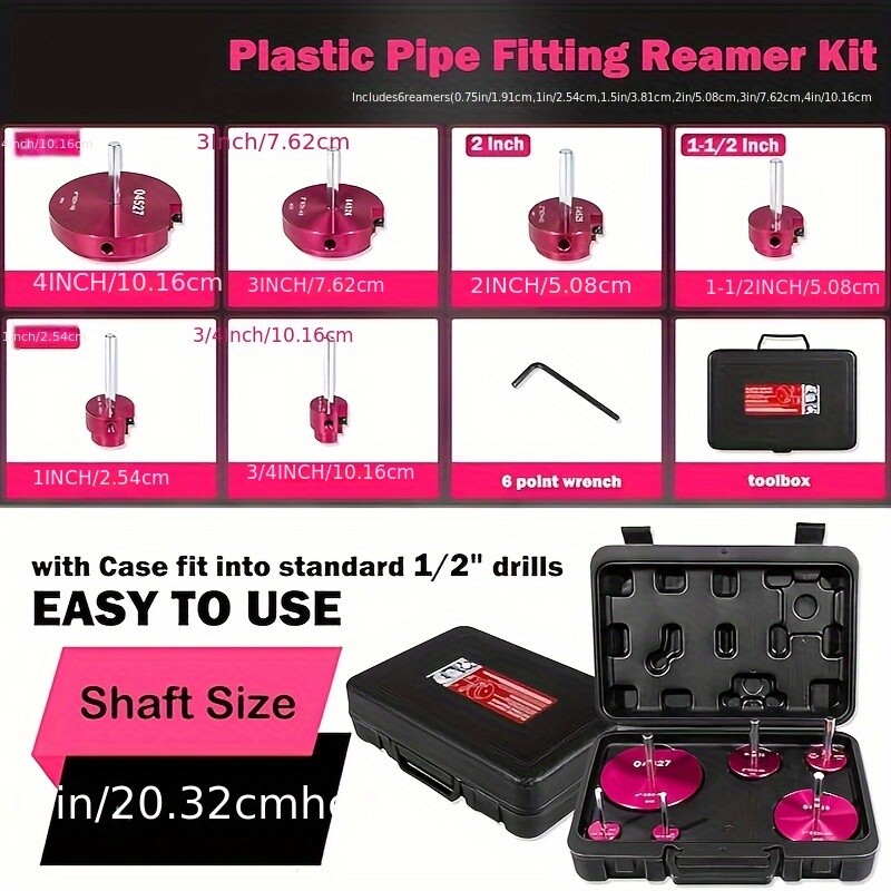 PVC ABS Pipe Reamer Kit 6Pcs -0.75″,1″,1-1/2″,2″,3″,and 4″ Set for 1/2″ Drills