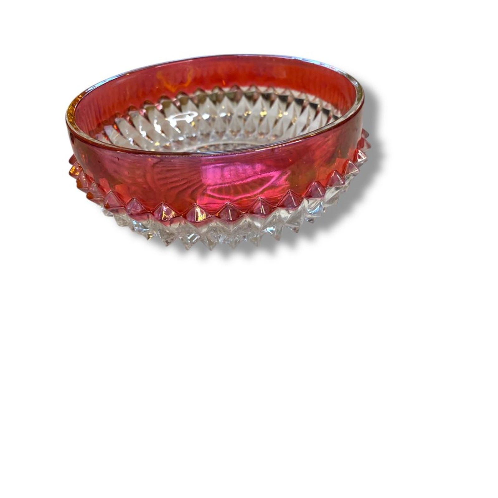 Vintage Indiana Glass Diamond Point Ruby Red Flash Candy Dish Bowl 5″