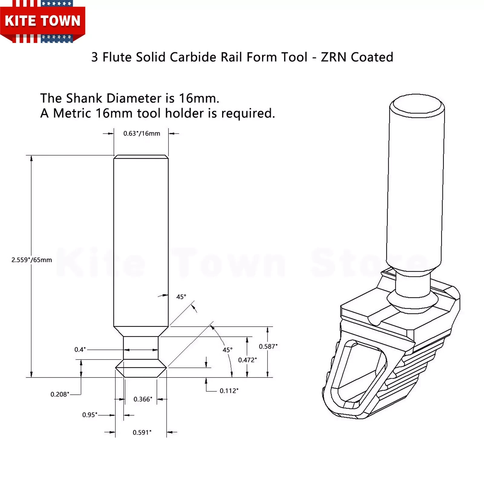 3 Flute Solid Carbide Picatinny Rail Form Tool, End Mill Cutter – TiSiN Coated