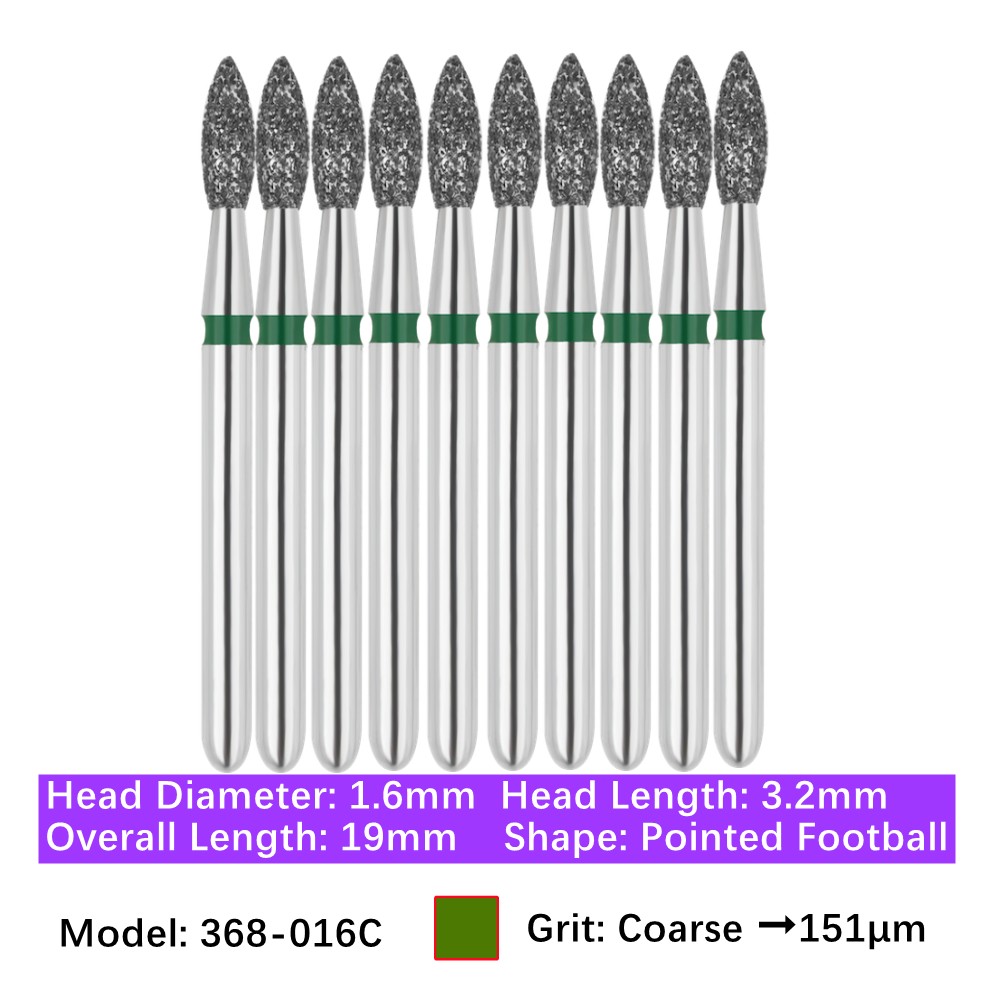10PC Dental 368-016C FG Diamond Burs Coarse Grit Pointed Football Friction Grip