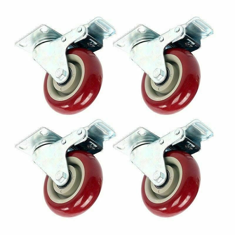 US 3″ 4″ 5″ Caster Wheels Swivel Plate Total Lock Brake On Red Polyurethane