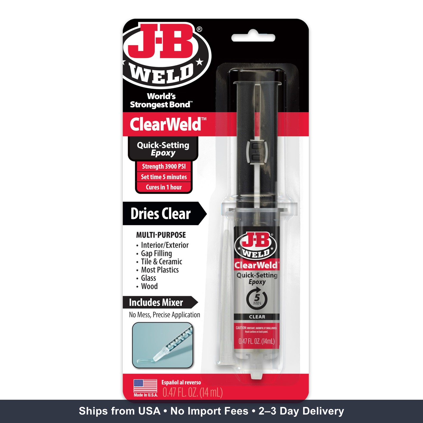 J-B Weld ClearWeld 5 Minute Epoxy, Clear, 14ml w/Static Mixer, (50114H)