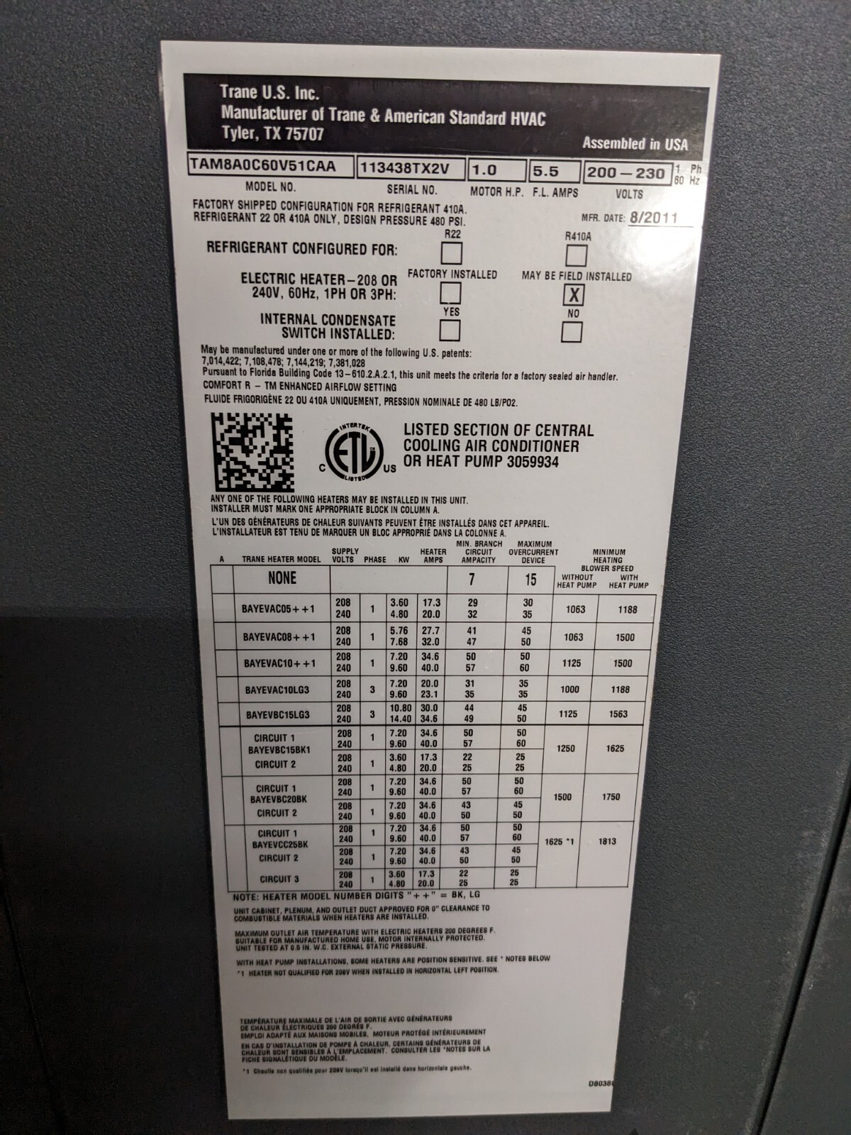 Trane PNL27522 Panel