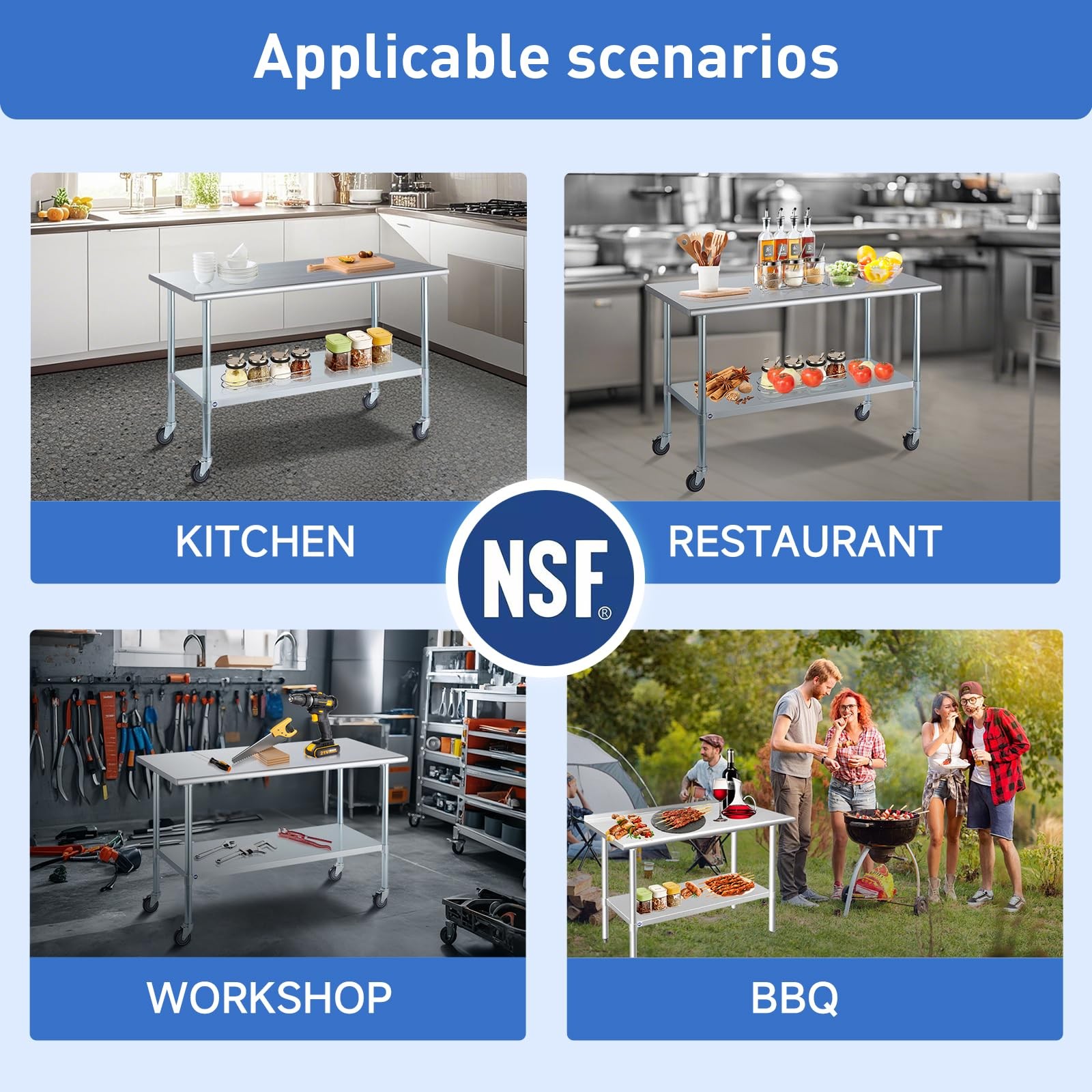 ROCKPOINT Stainless Steel Table for Prep & Work with Caster 30×24 Inches, NSF Me