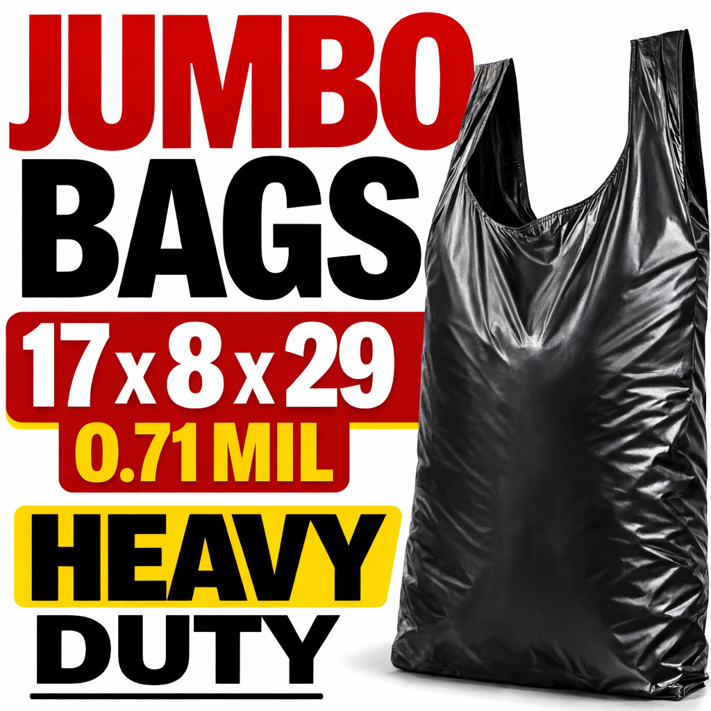 Black Jumbo T-Shirt Bags 17x8x29 0.71 Mil Heavy Duty Grocery Carryout Bags Bulk
