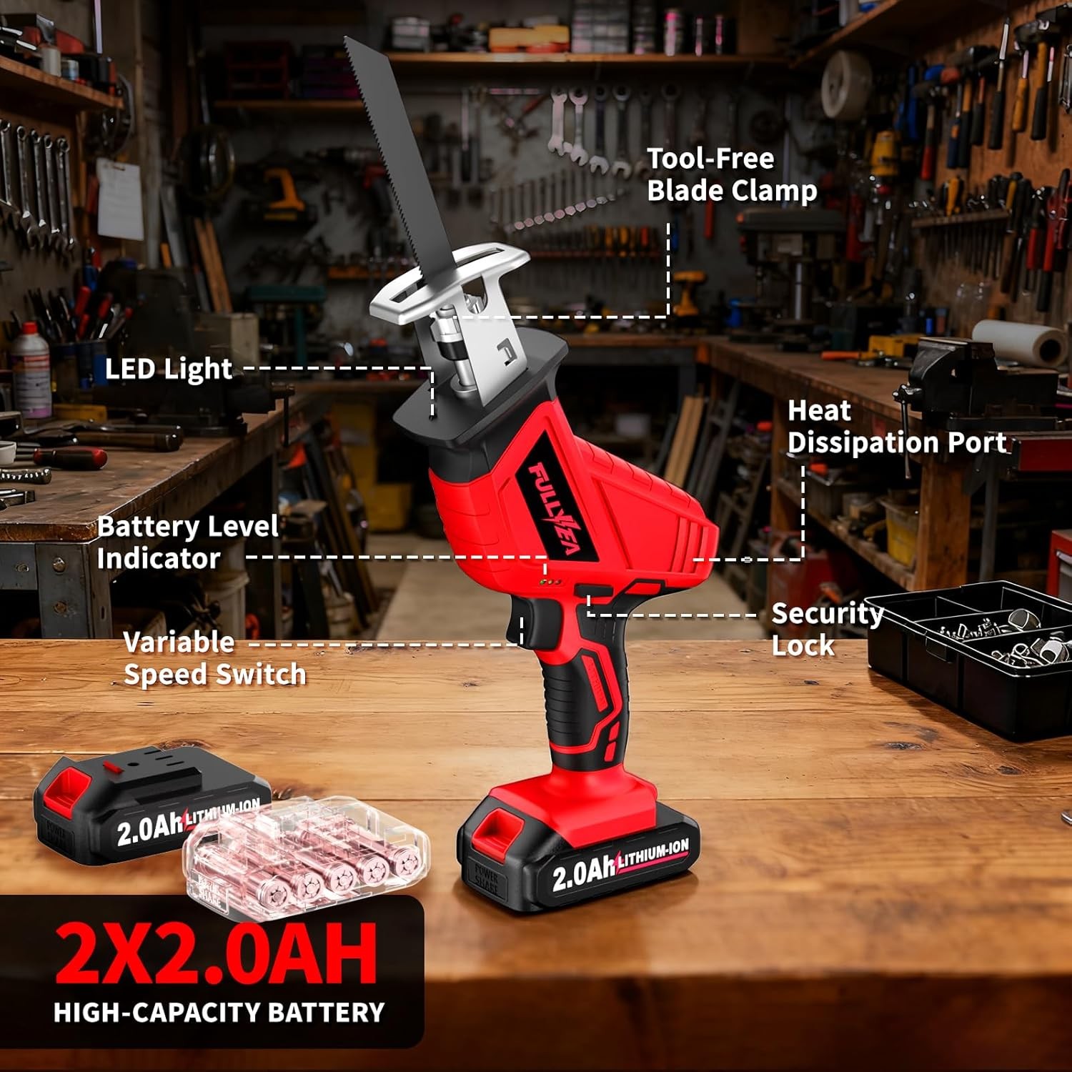 Cordless Reciprocating Saw, 0-3500SPM, 4 Blades, Tool-Free, Wood/Metal